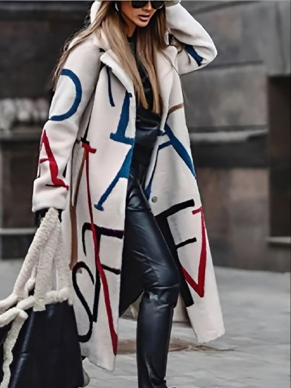 Warm Womens Long Coat - Oversized Letter Print, Wool Winter White - Tophatter Daily Deals