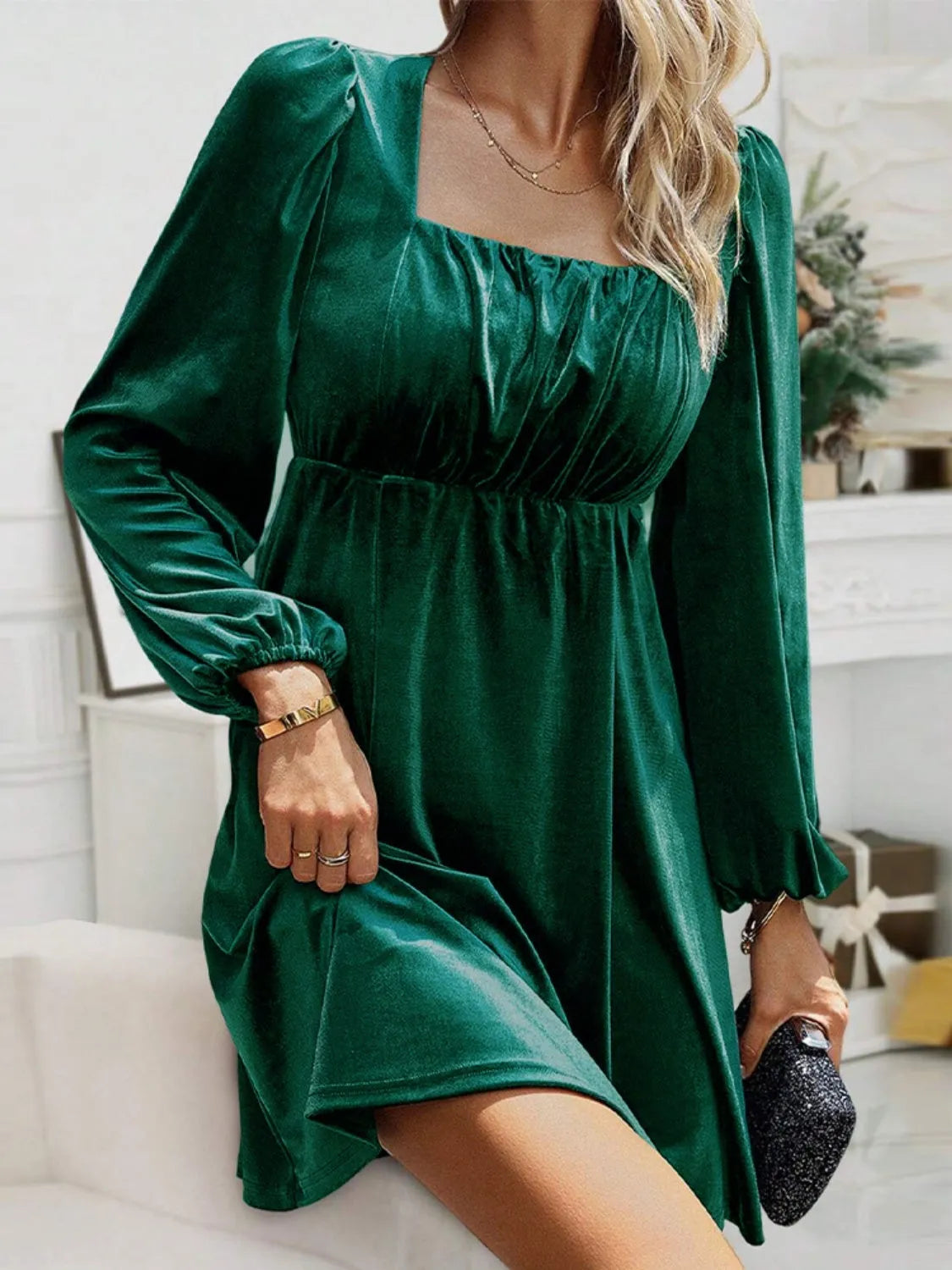 Ruched Square Neck Balloon Sleeve Dress Cocktail Dresses - Tophatter Daily Deals