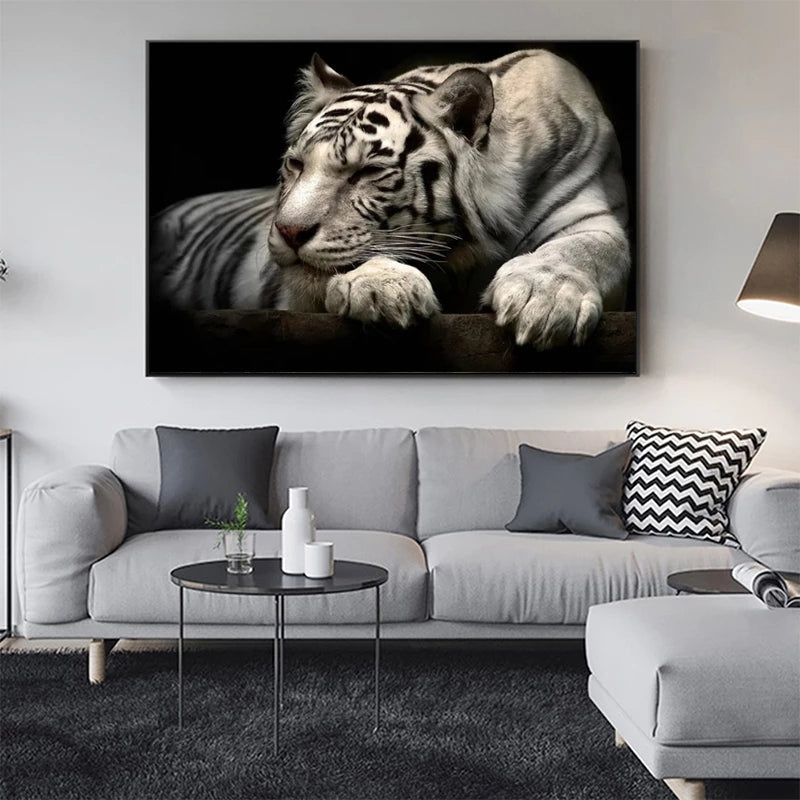 Black And White Tiger Canvas Animal Poster Home Decor 0 - Tophatter Daily Deals