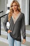 Slit V-Neck Long Sleeve T-Shirt Charcoal Women's T-Shirts - Tophatter Daily Deals