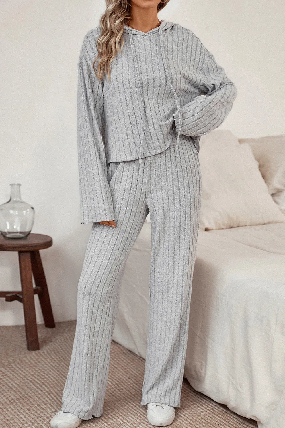 Ribbed Drawstring Hoodie and Pants Lounge Set Loungewear Sets - Tophatter Daily Deals