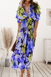 Plunge Printed Split Midi Dress Cobalt Blue Casual Dresses - Tophatter Daily Deals