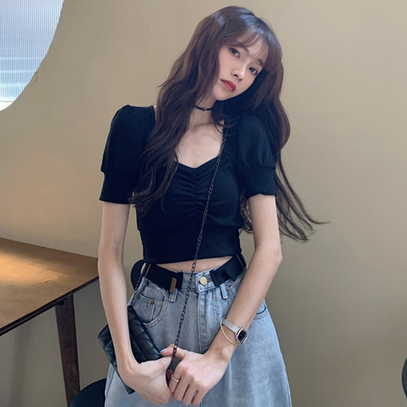 Bubble Sleeve Knitted Short Sleeve T-shirt Women''s Summer Short 0 - Tophatter Daily Deals