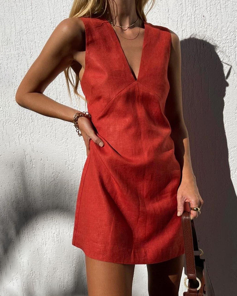 Cotton Linen Slim Vest Dress Red Mini Dresses - Tophatter Daily Deals