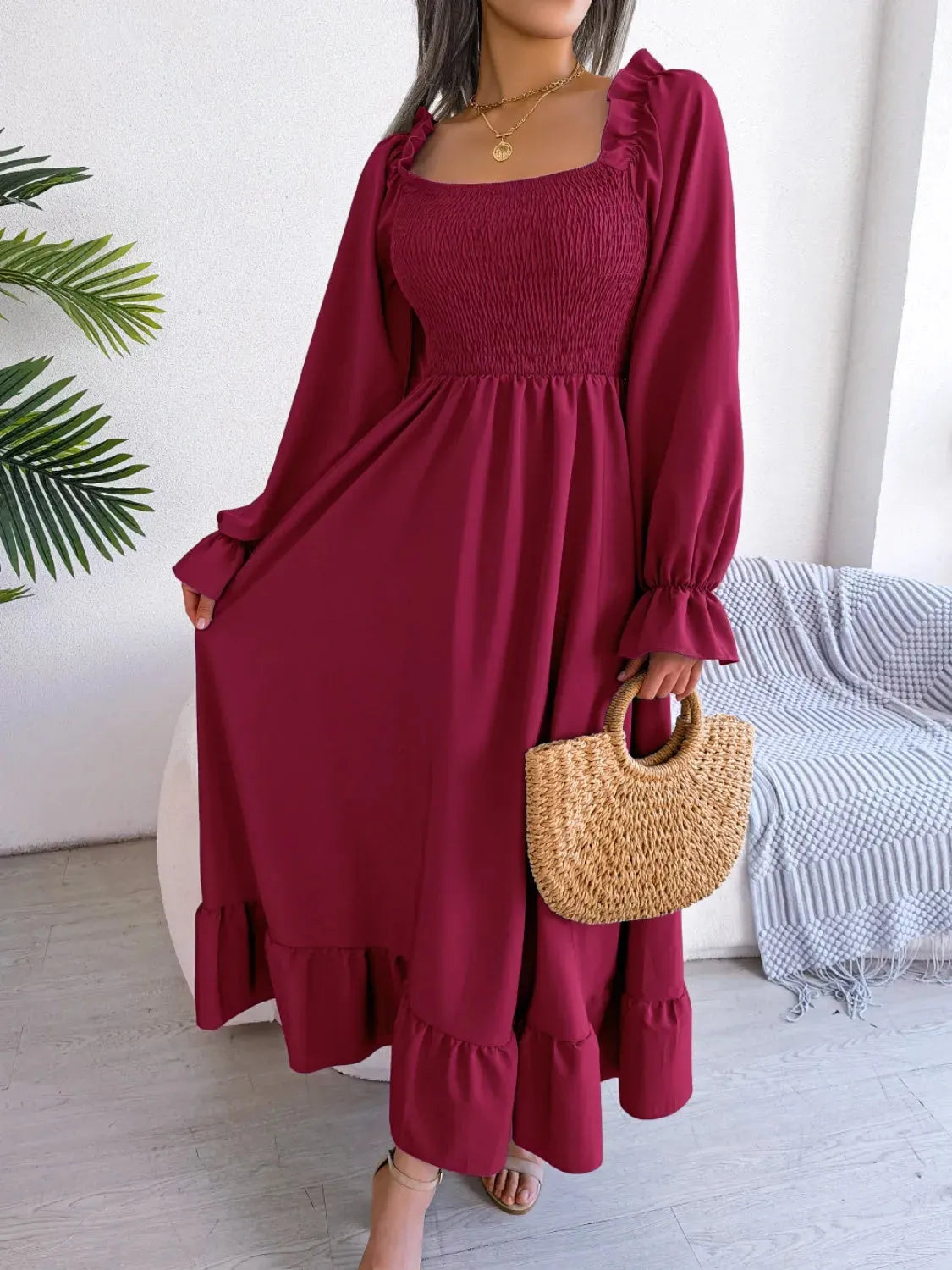 Smocked Square Neck Flounce Sleeve Dress Casual Dresses - Tophatter Daily Deals