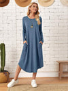 Pocketed Round Neck Long Sleeve Tee Dress Dusty Blue Casual Dresses - Tophatter Daily Deals