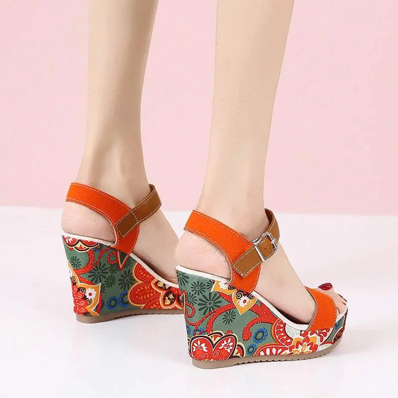 Fashion Flowers Embroidered High Wedge Sandals For Women Summer Toe Platform Buckle Shoes Humidifier - Tophatter Daily Deals