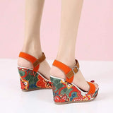 Fashion Flowers Embroidered High Wedge Sandals For Women Summer Toe Platform Buckle Shoes Humidifier - Tophatter Daily Deals