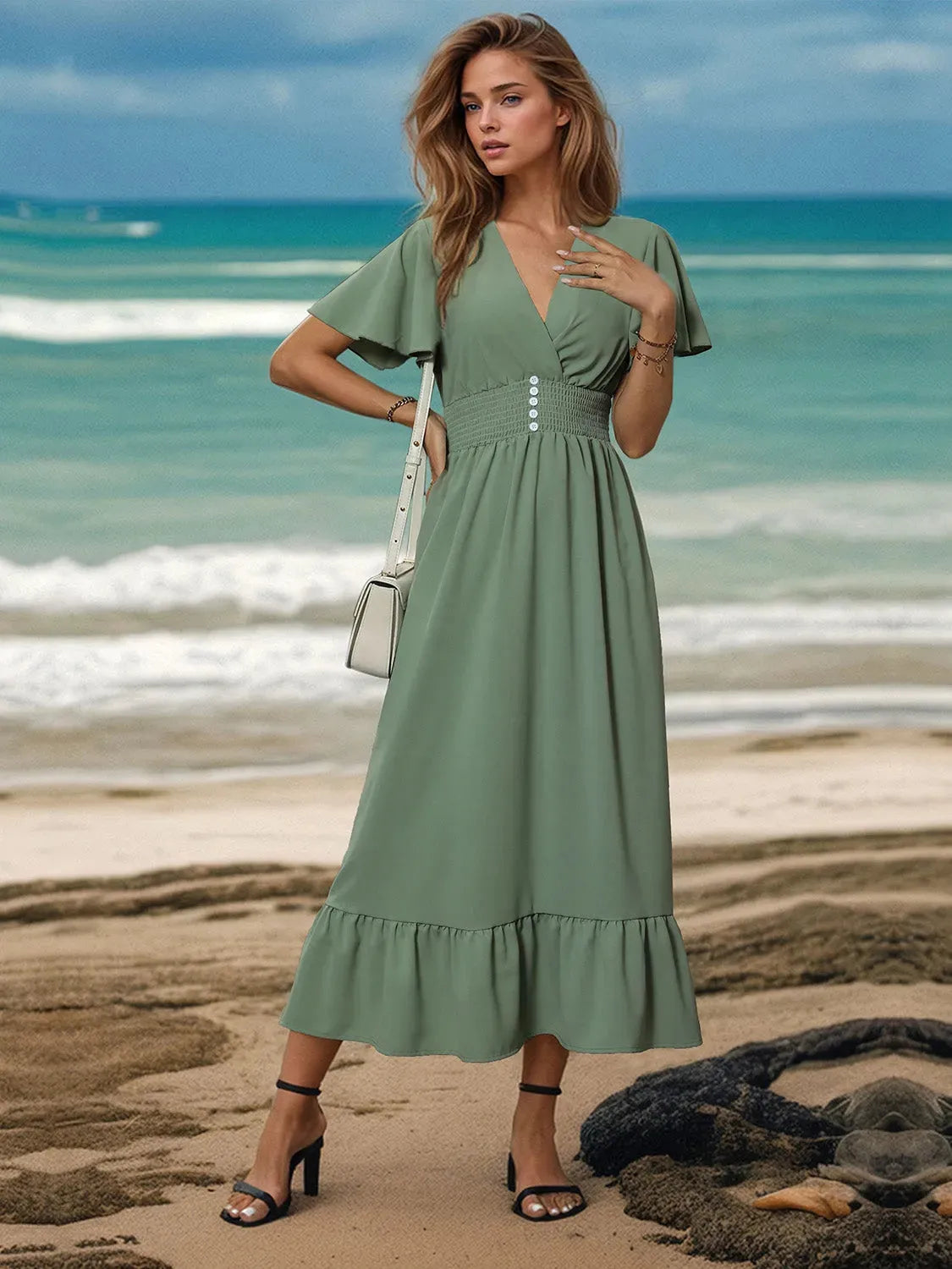 Surplice Flutter Sleeve Midi Dress Casual Dresses - Tophatter Daily Deals