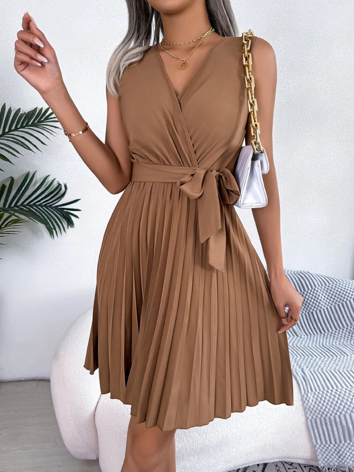 Tied Surplice Sleeveless Pleated Dress Casual Dresses - Tophatter Daily Deals