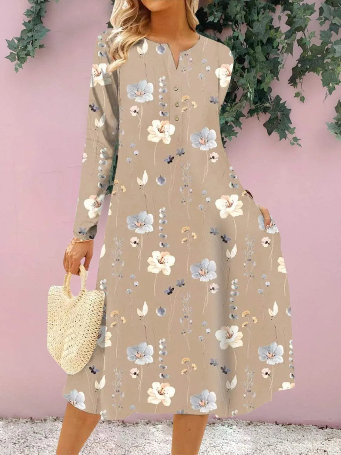 Floral Notched Long Sleeve Midi Dress Casual Dresses - Tophatter Daily Deals