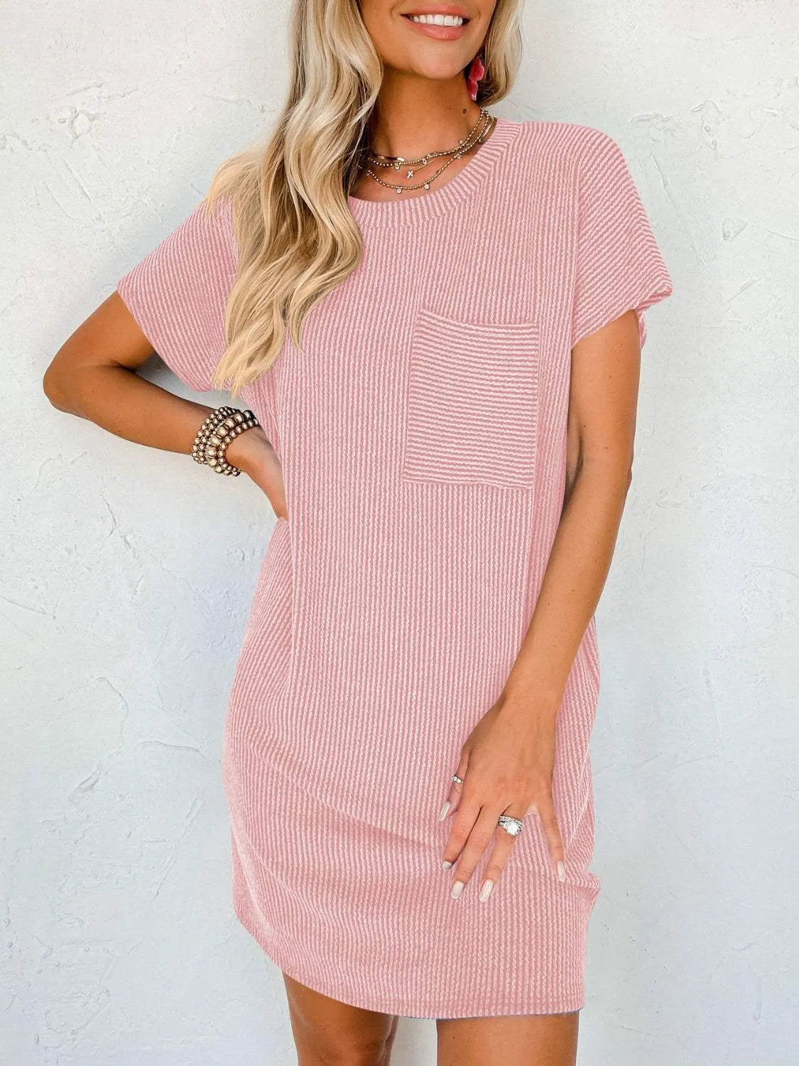 Round Neck Short Sleeve Mini Dress Casual Dresses - Tophatter Daily Deals