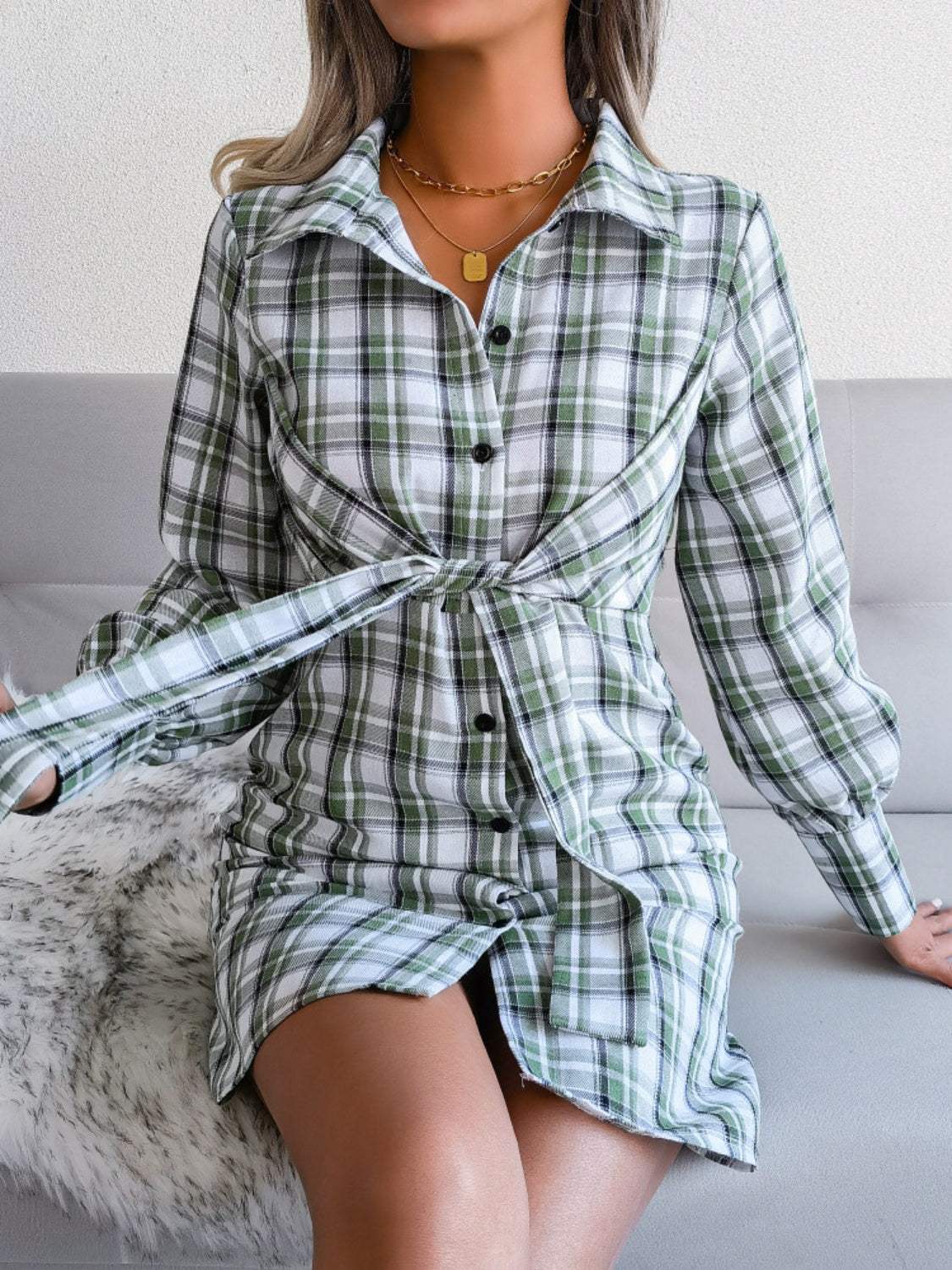 Tied Plaid Long Sleeve Mini Shirt Dress Casual Dresses - Tophatter Daily Deals