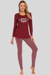 Graphic Round Neck Top and Striped Pants Set Wine Loungewear Sets - Tophatter Daily Deals