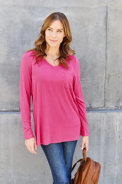 Basic Bae Full Size V-Neck Long Sleeve Top Hot Pink Blouses - Tophatter Daily Deals