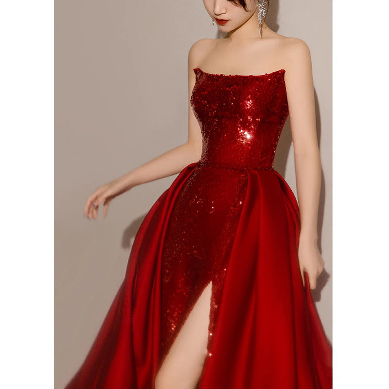 Banquet Light Luxury Annual Meeting Host Red Dress Bride Wedding Engagement Bra Toast Dress 0 - Tophatter Daily Deals