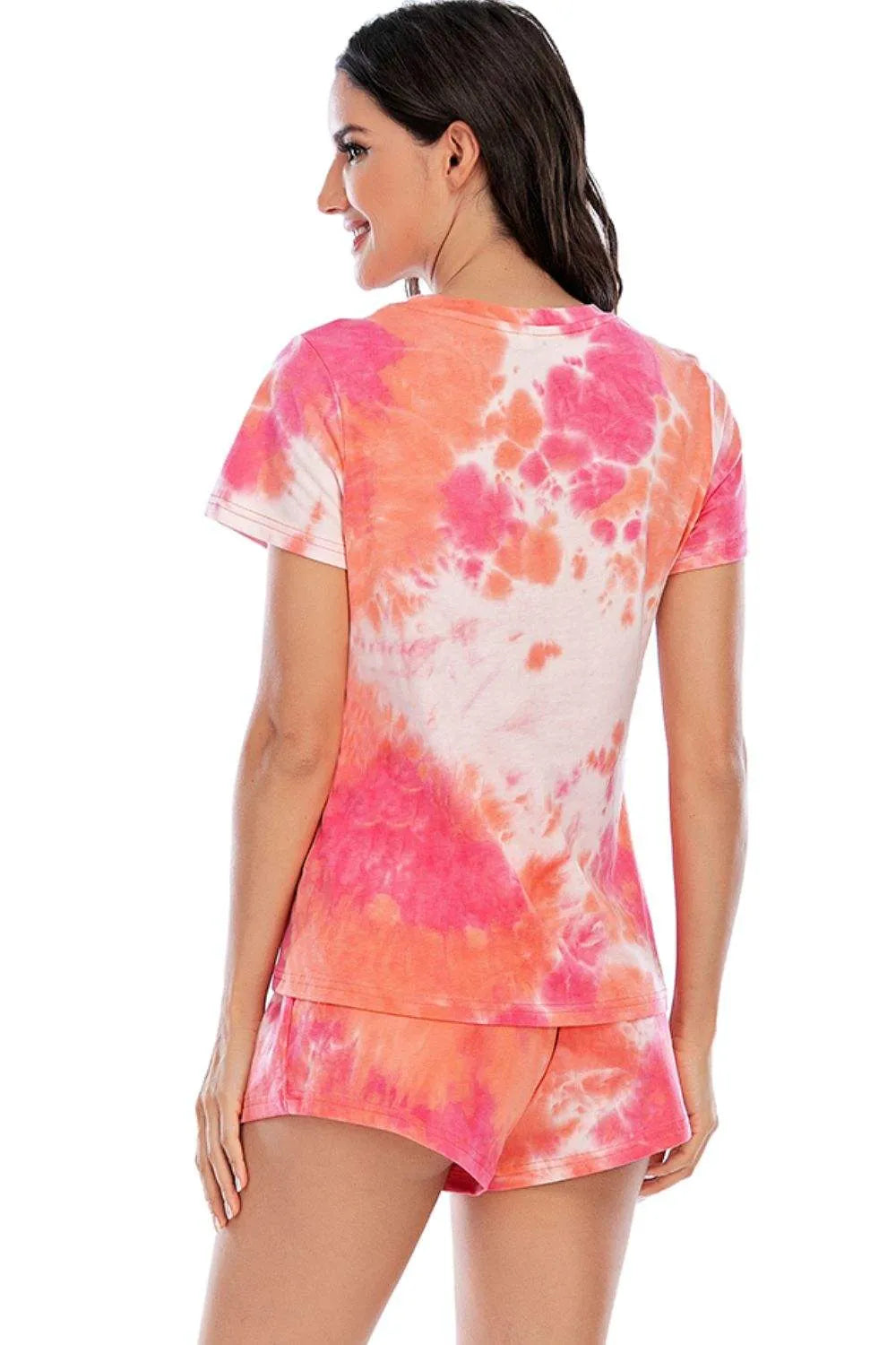 Tie-Dye Round Neck Short Sleeve Top and Shorts Lounge Set Loungewear Sets - Tophatter Daily Deals