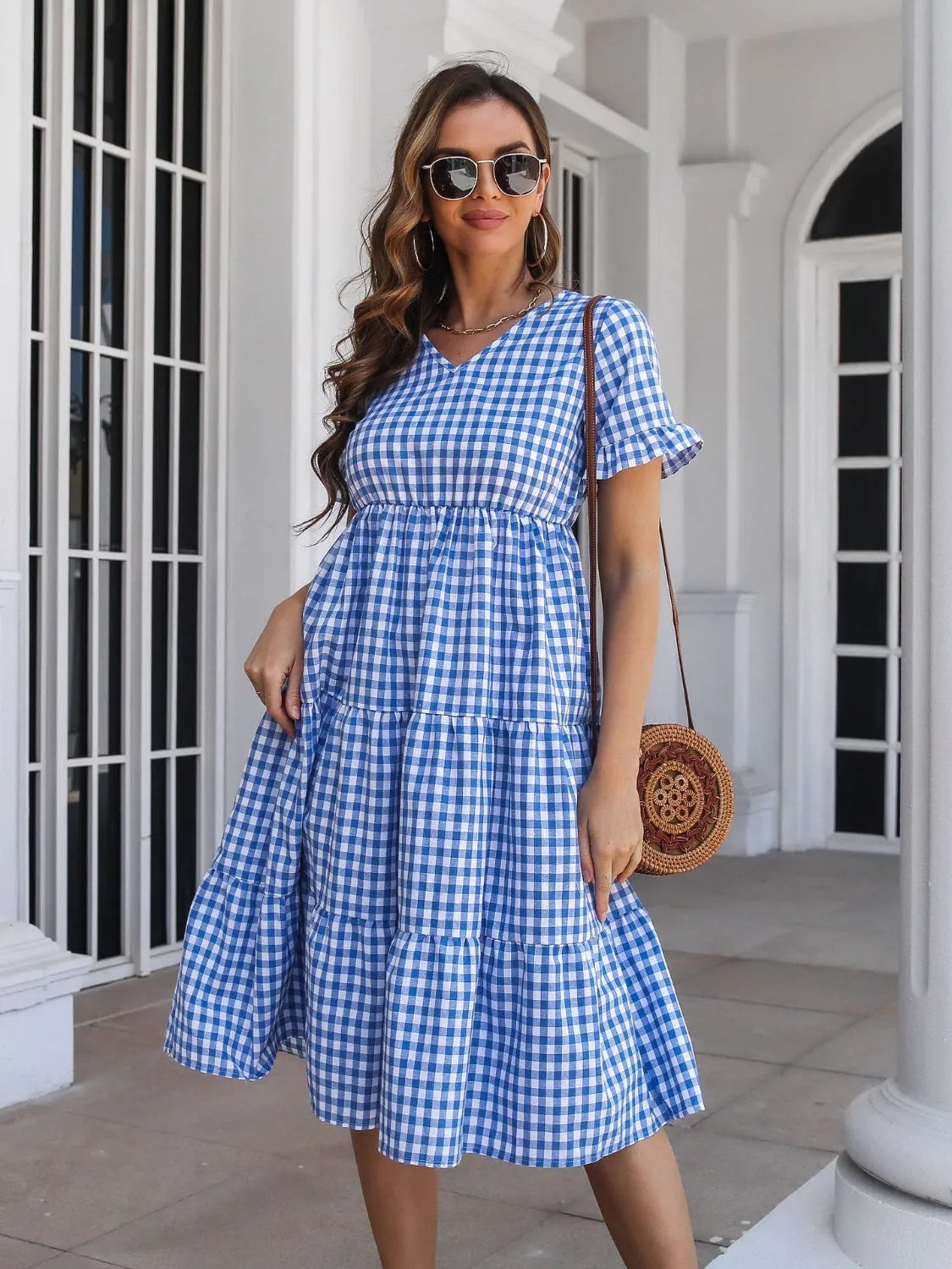 Plaid V-Neck Short Sleeve Midi Dress Casual Dresses - Tophatter Daily Deals