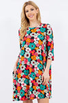 Celeste Full Size Floral Three-Quarter Sleeve Dress with Pockets Black Floral Casual Dresses - Tophatter Daily Deals