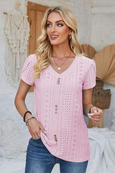 Decorative Button Eyelet V-Neck Short Sleeve T-Shirt Blush Pink Women's T-Shirts - Tophatter Daily Deals