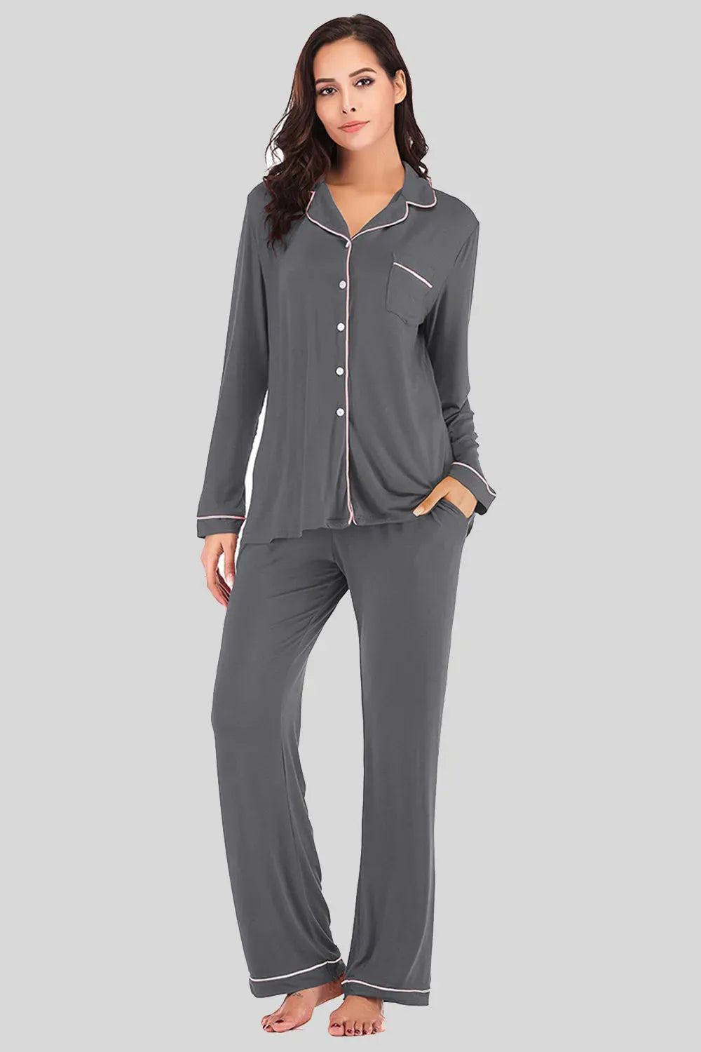 Collared Neck Long Sleeve Loungewear Set with Pockets Charcoal Loungewear Sets - Tophatter Daily Deals