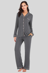 Collared Neck Long Sleeve Loungewear Set with Pockets Charcoal Loungewear Sets - Tophatter Daily Deals