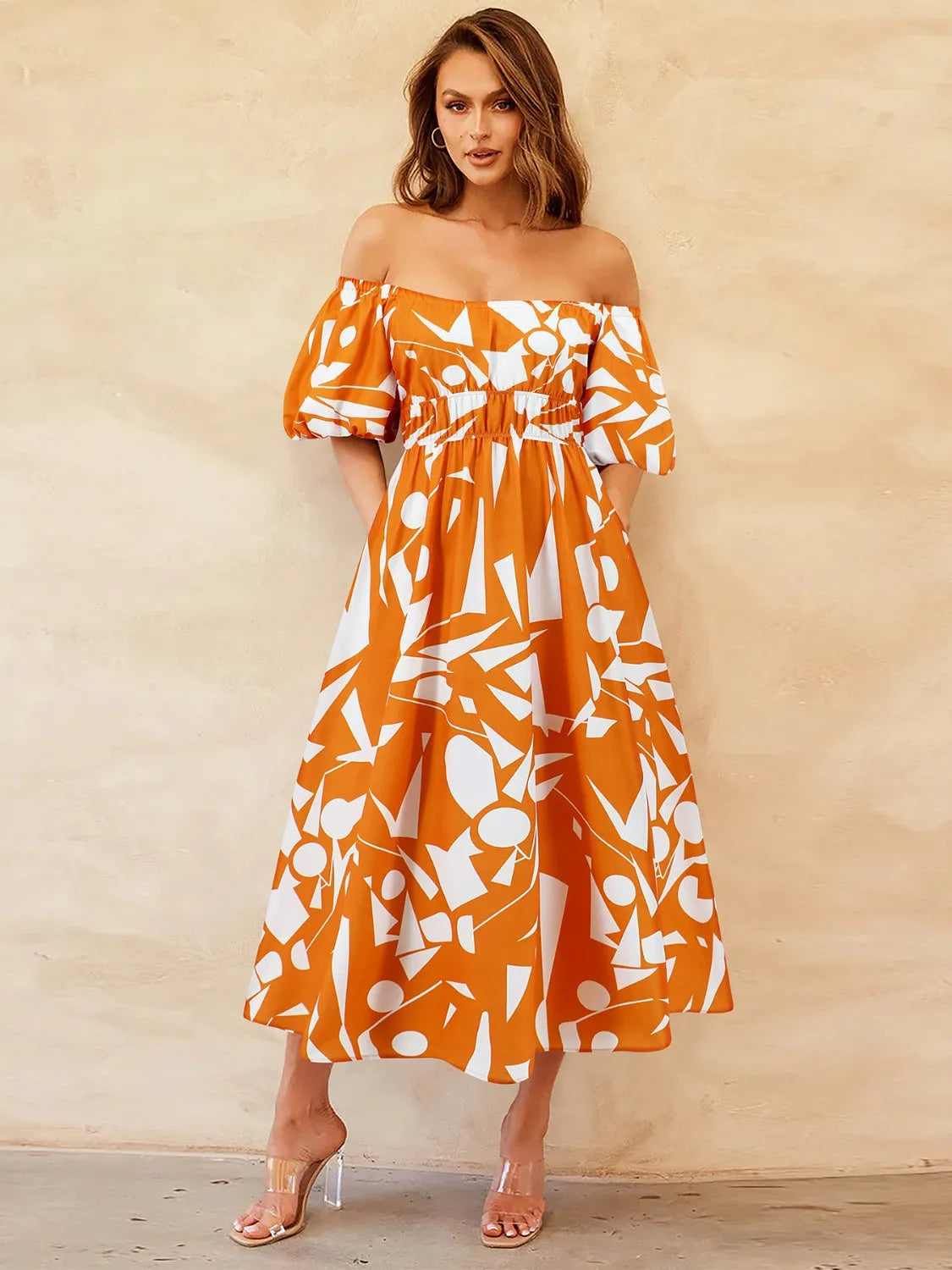 Printed Off-Shoulder Balloon Sleeve Dress Pumpkin Casual Dresses - Tophatter Daily Deals