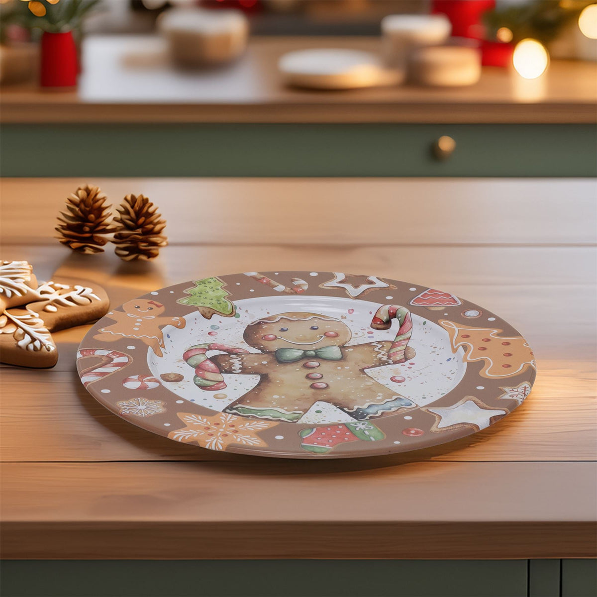 Gingerbread Christmas Tin Platter | Round Christmas Serving Tray Platter - 33cm Tray - Tophatter Daily Deals