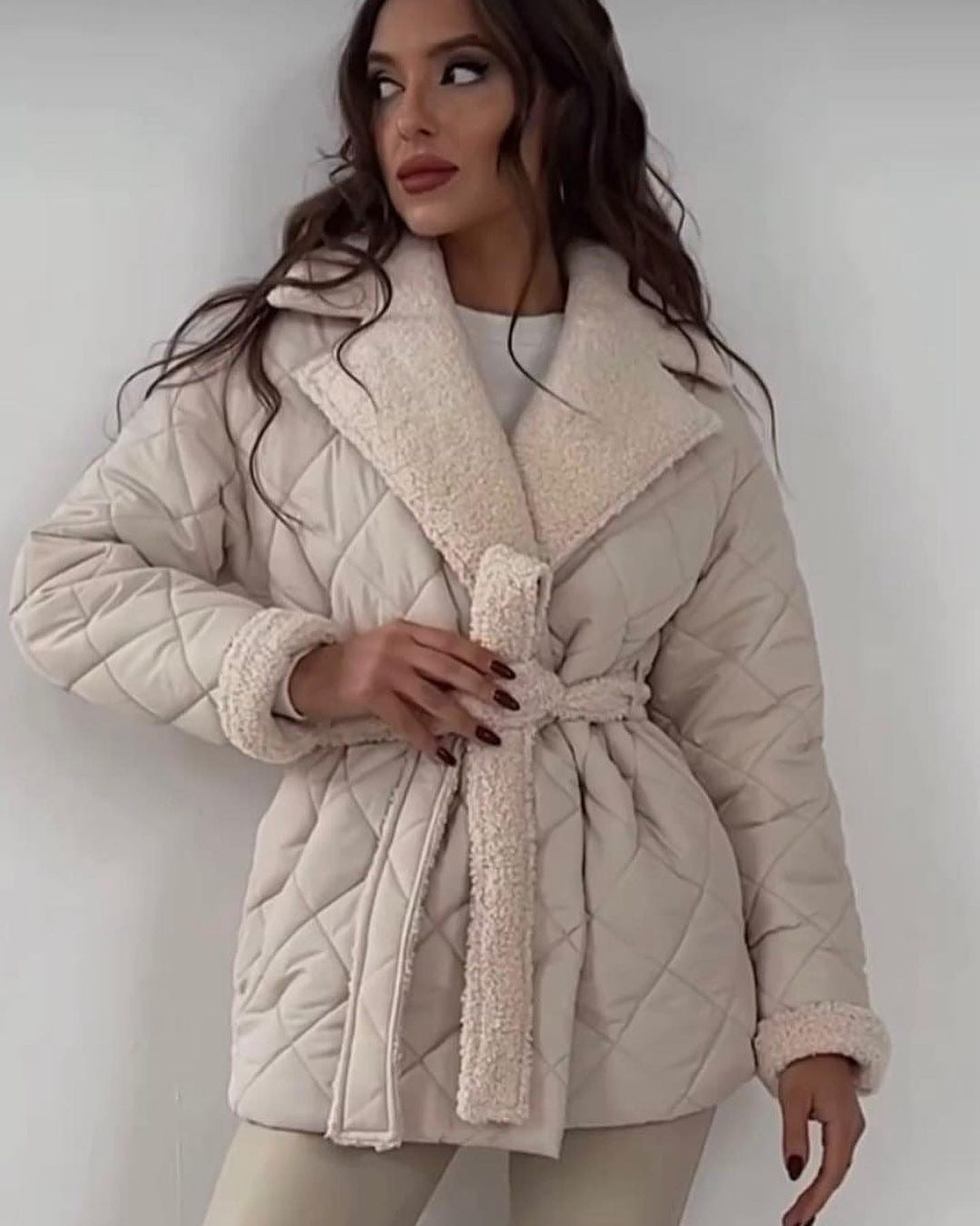 Warm Womens Coat - Quilted Sherpa Lapel, Belted Winter Apricot 3D Changing Face Moving Picture Frame - Tophatter Daily Deals