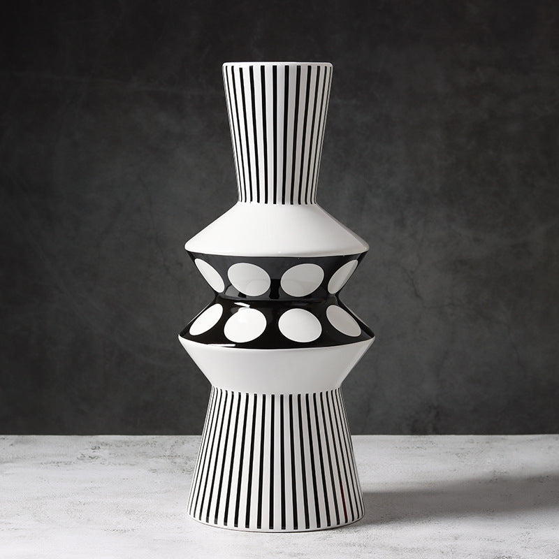 Black And White Striped Geometric Ceramic Vase Flower Ornaments 16.4x16.4x38CM 0 - Tophatter Daily Deals