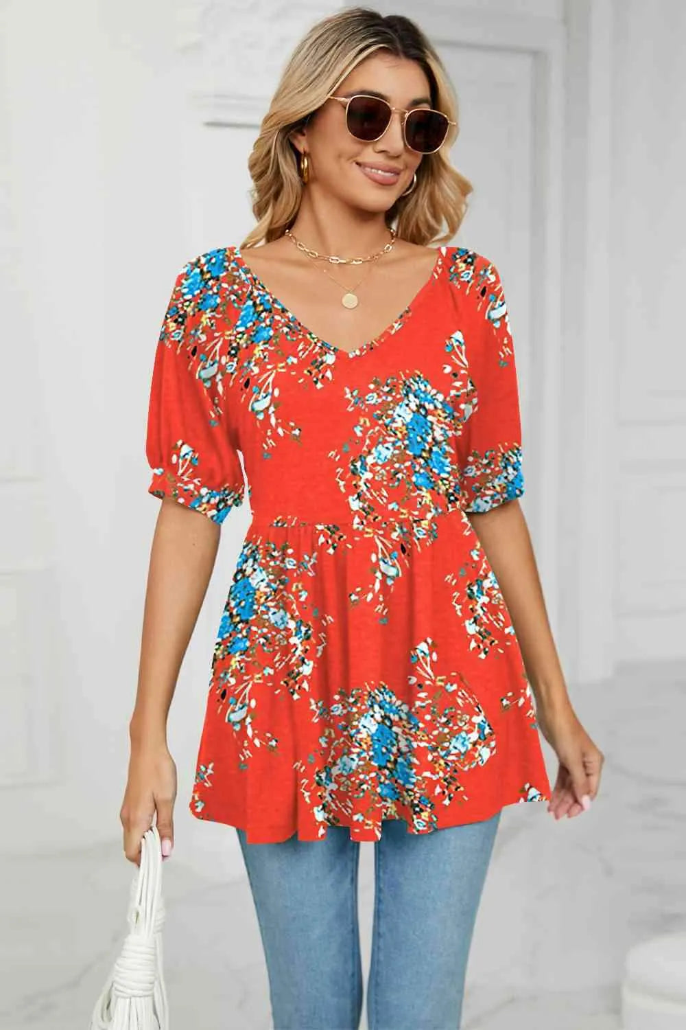 V-Neck Babydoll Blouse Red Blouses - Tophatter Daily Deals