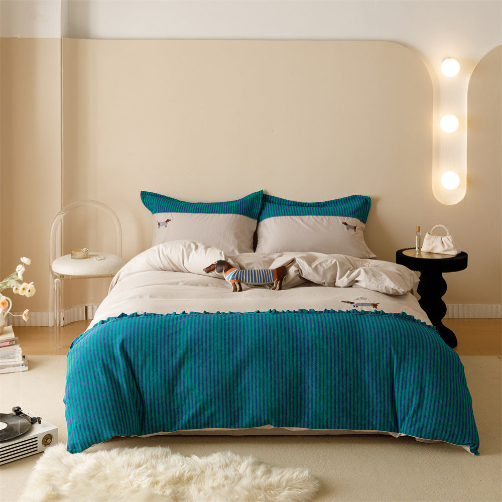 120 Brushed Four-piece Set Embroidered Cotton Quilt Cover Bedding 0 - Tophatter Daily Deals