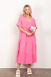 VERY J Soft Crinkle Gauze Short Sleeve Midi Dress PINK Casual Dresses - Tophatter Daily Deals