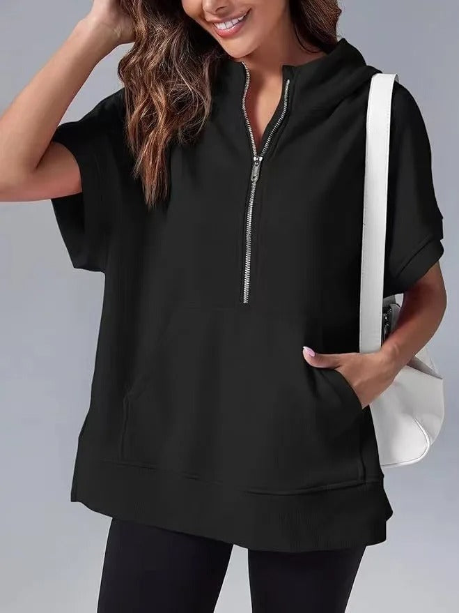 Lightweight Women's Short Sleeve Hoodie - Oversized Knit Black - Tophatter Daily Deals