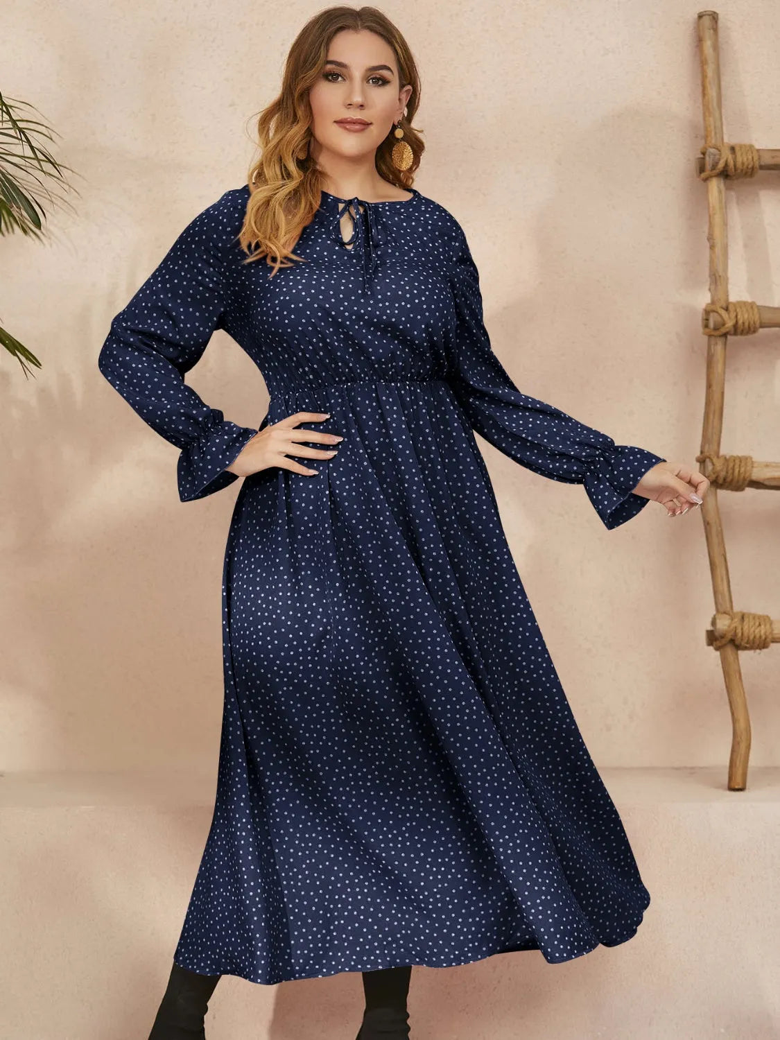 Plus Size Ruffled Polka Dot Long Sleeve Midi Dress Casual Dresses - Tophatter Daily Deals