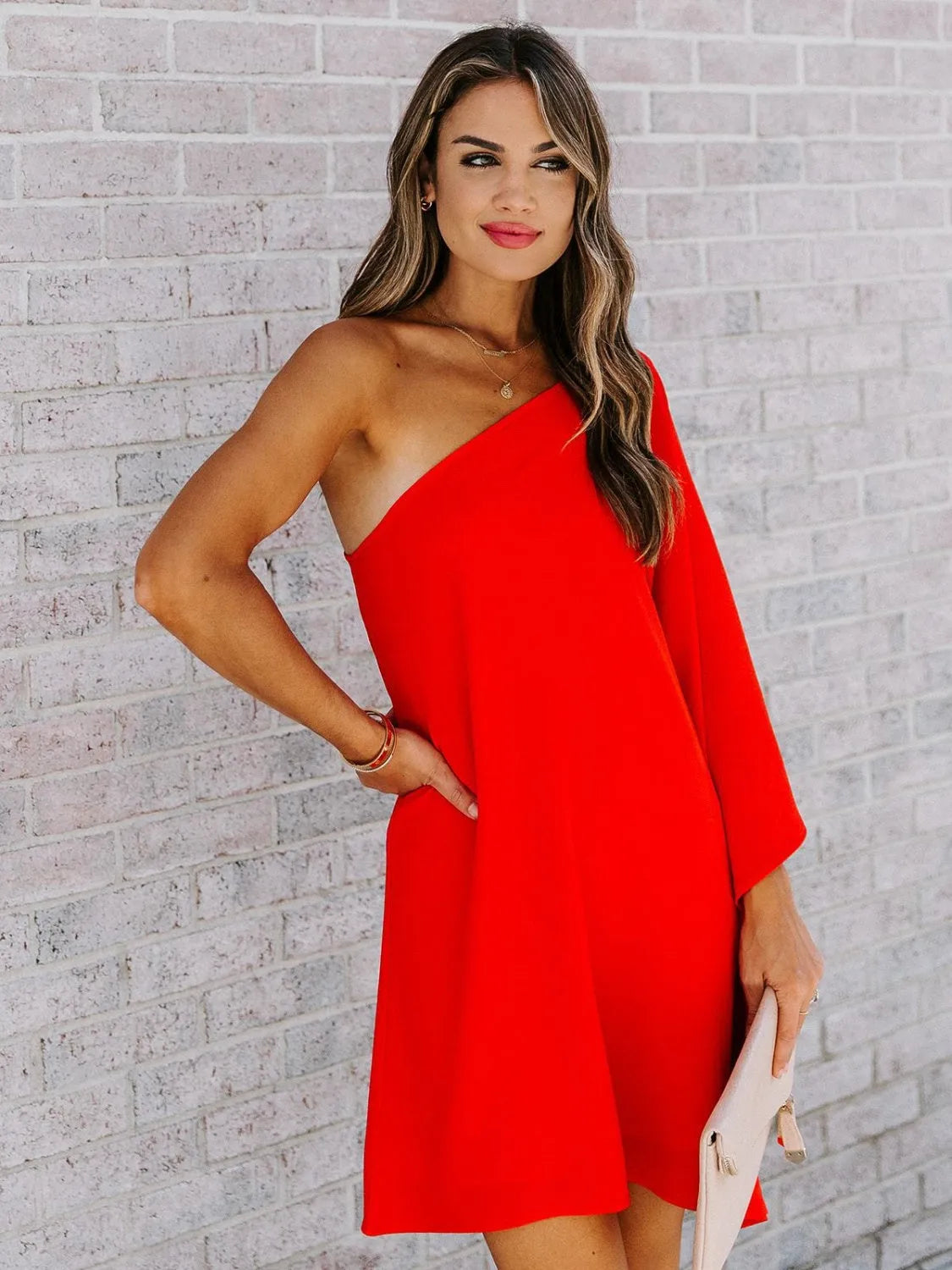 Single Shoulder Kimono Sleeve Mini Dress Red Casual Dresses - Tophatter Daily Deals