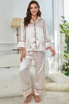 Contrast Piping Button-Up Top and Pants Pajama Set Beige Loungewear Sets - Tophatter Daily Deals