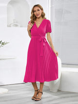 Pleated Surplice Tie Waist Midi Dress Casual Dresses - Tophatter Daily Deals