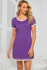 Contrast Trim Short Sleeve Lounge Dress Purple Sleep Dresses - Tophatter Daily Deals
