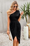 Ruched One-Shoulder Tulip Hem Dress Black Cocktail Dresses - Tophatter Daily Deals