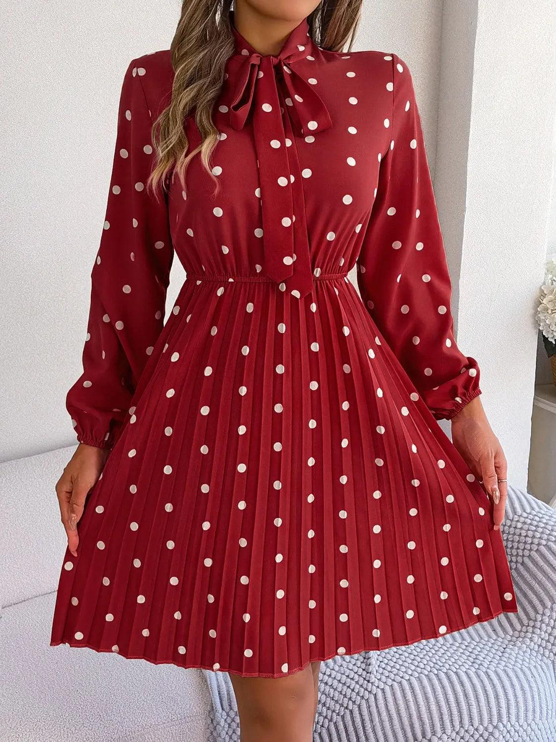 Polka Dot Tie Neck Pleated Dress Deep Red Casual Dresses - Tophatter Daily Deals