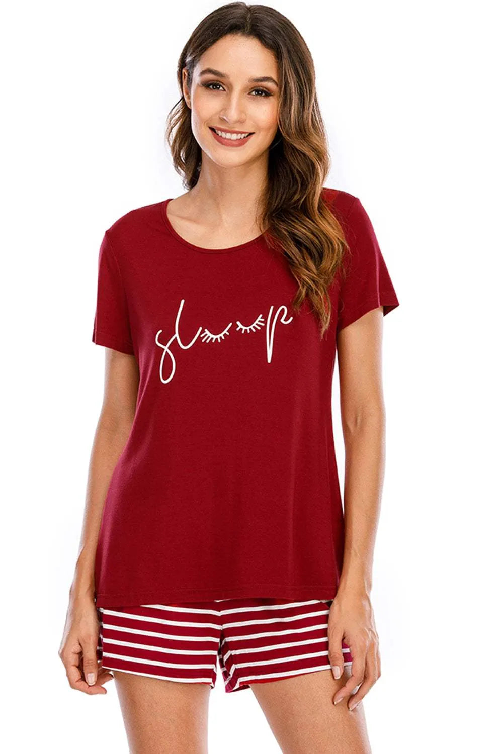 Graphic Round Neck Top and Striped Shorts Lounge Set Loungewear Sets - Tophatter Daily Deals