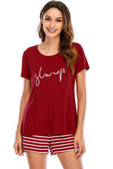 Graphic Round Neck Top and Striped Shorts Lounge Set Loungewear Sets - Tophatter Daily Deals