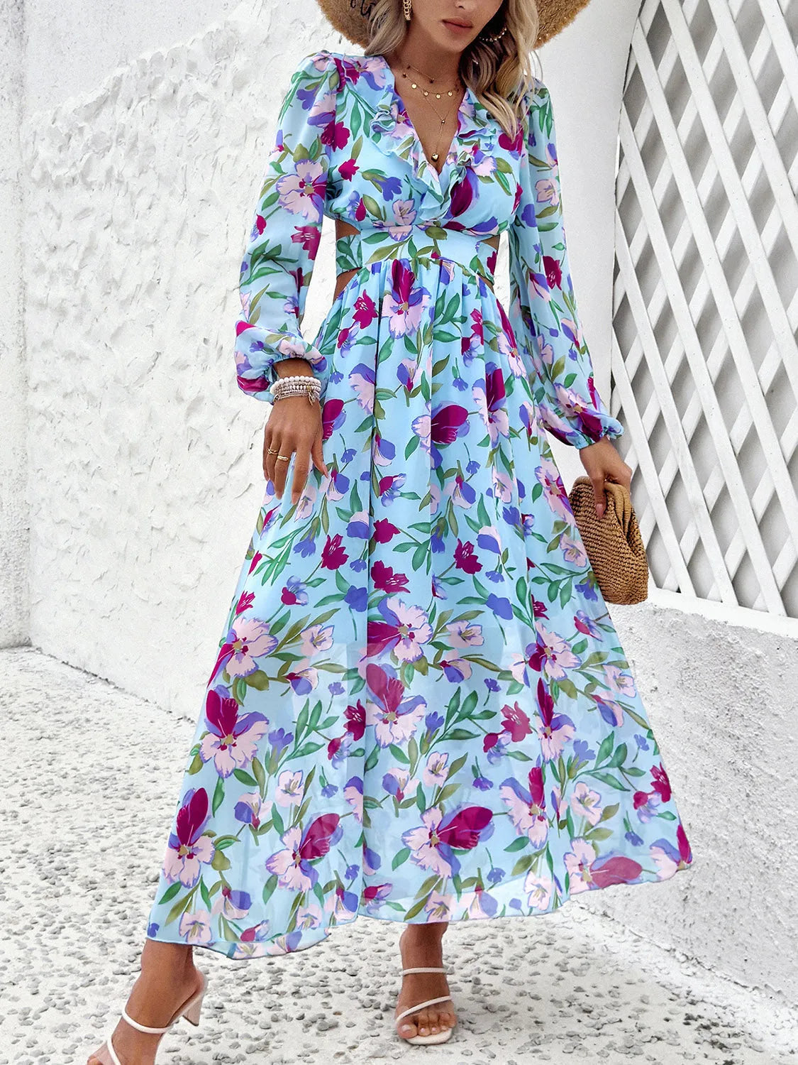 Cutout Printed V-Neck Balloon Sleeve Dress Pastel Blue Casual Dresses - Tophatter Daily Deals