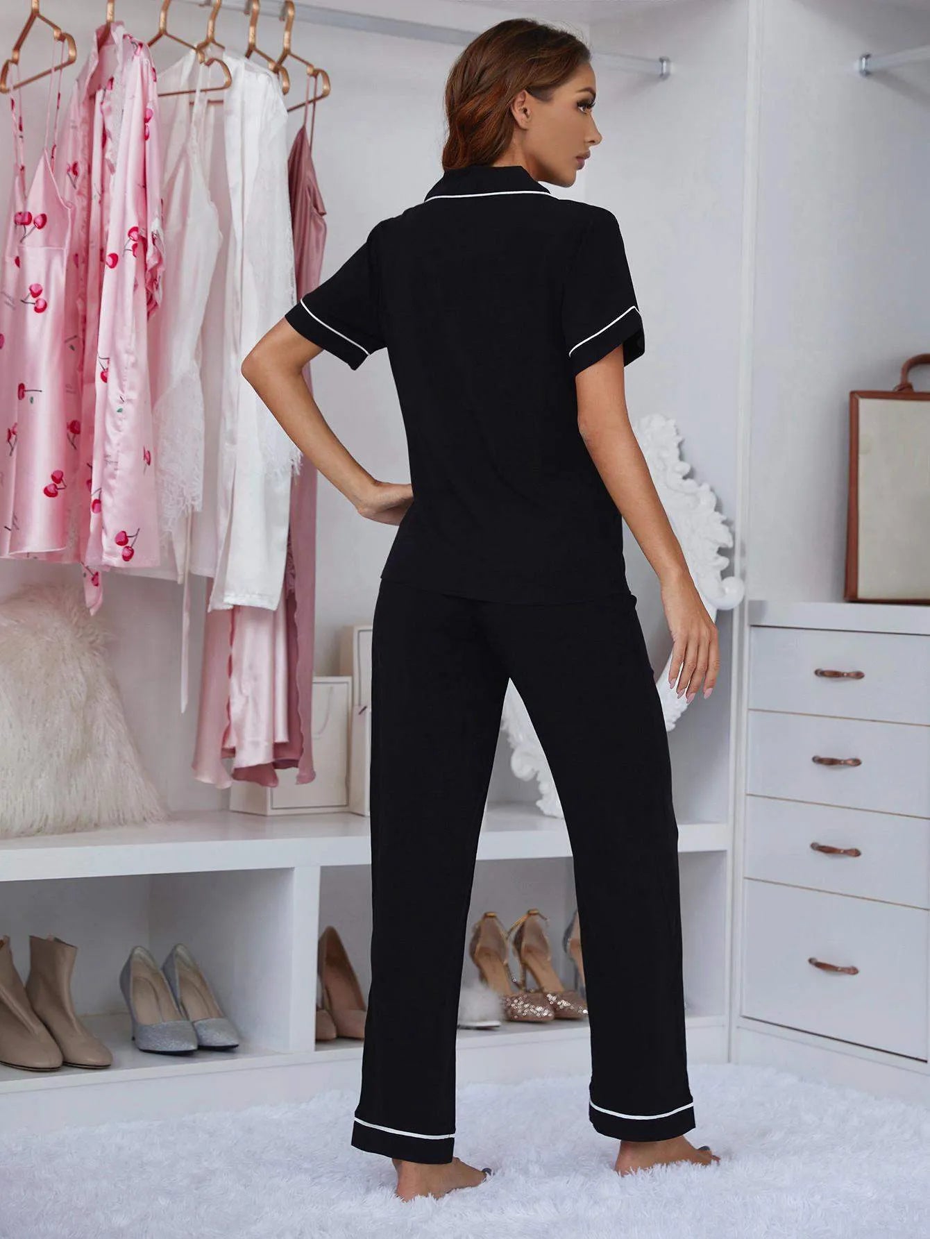 Contrast Piping Lapel Collar Short Sleeve Top and Pants Pajama Set Loungewear Sets - Tophatter Daily Deals