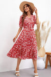 Floral Tie Waist Puff Sleeve Midi Dress Deep Red Casual Dresses - Tophatter Daily Deals