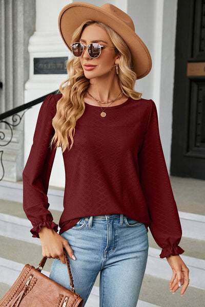 Round Neck Flounce Sleeve T-Shirt Wine Women's T-Shirts - Tophatter Daily Deals