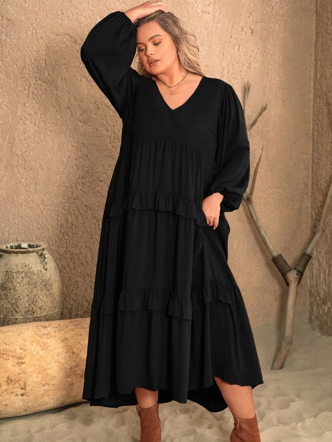 Plus Size Ruffled V-Neck Long Sleeve Dress Black Casual Dresses - Tophatter Daily Deals