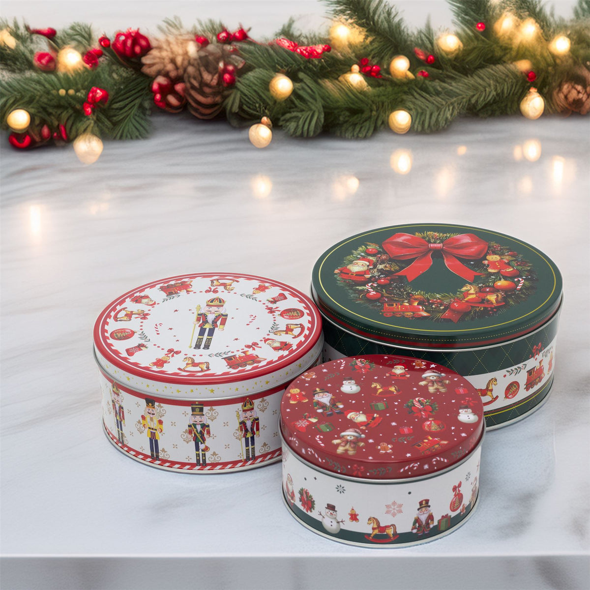 Set of 3 Traditional Christmas Storage Tins | 3-piece Round Kitchen Nesting Tins Biscuit Tin - Tophatter Daily Deals