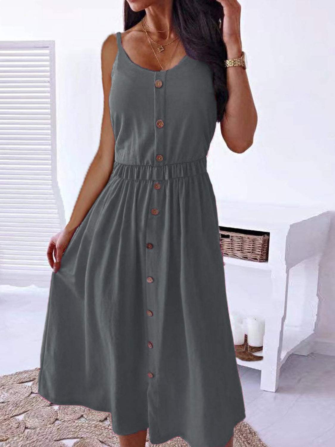 Decorative Button Spaghetti Strap Dress Charcoal Casual Dresses - Tophatter Daily Deals